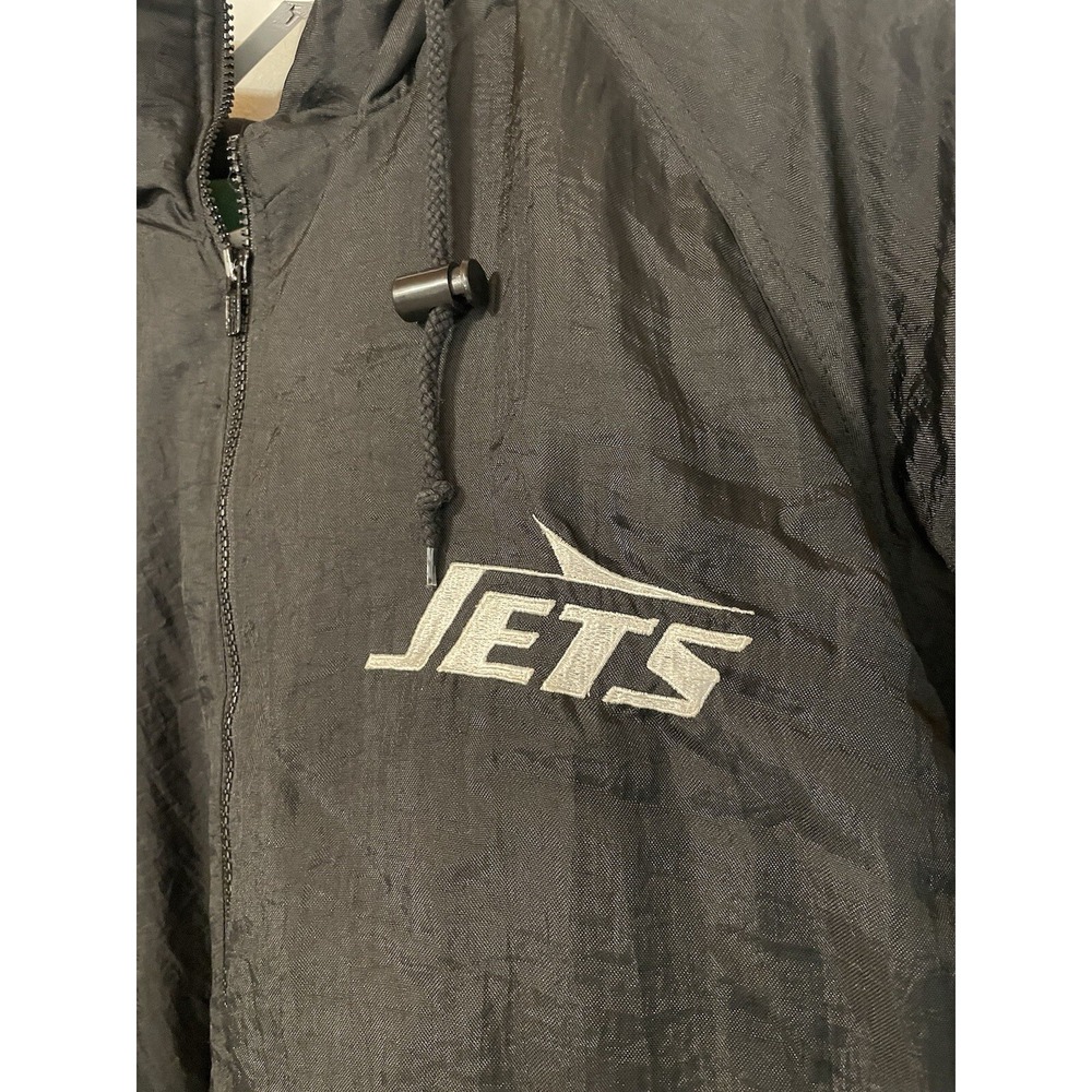 Vintage 90s New York Jets NFL Game Day Puffer Jacket XL Black Green Hooded Coat - Picture 6 of 9